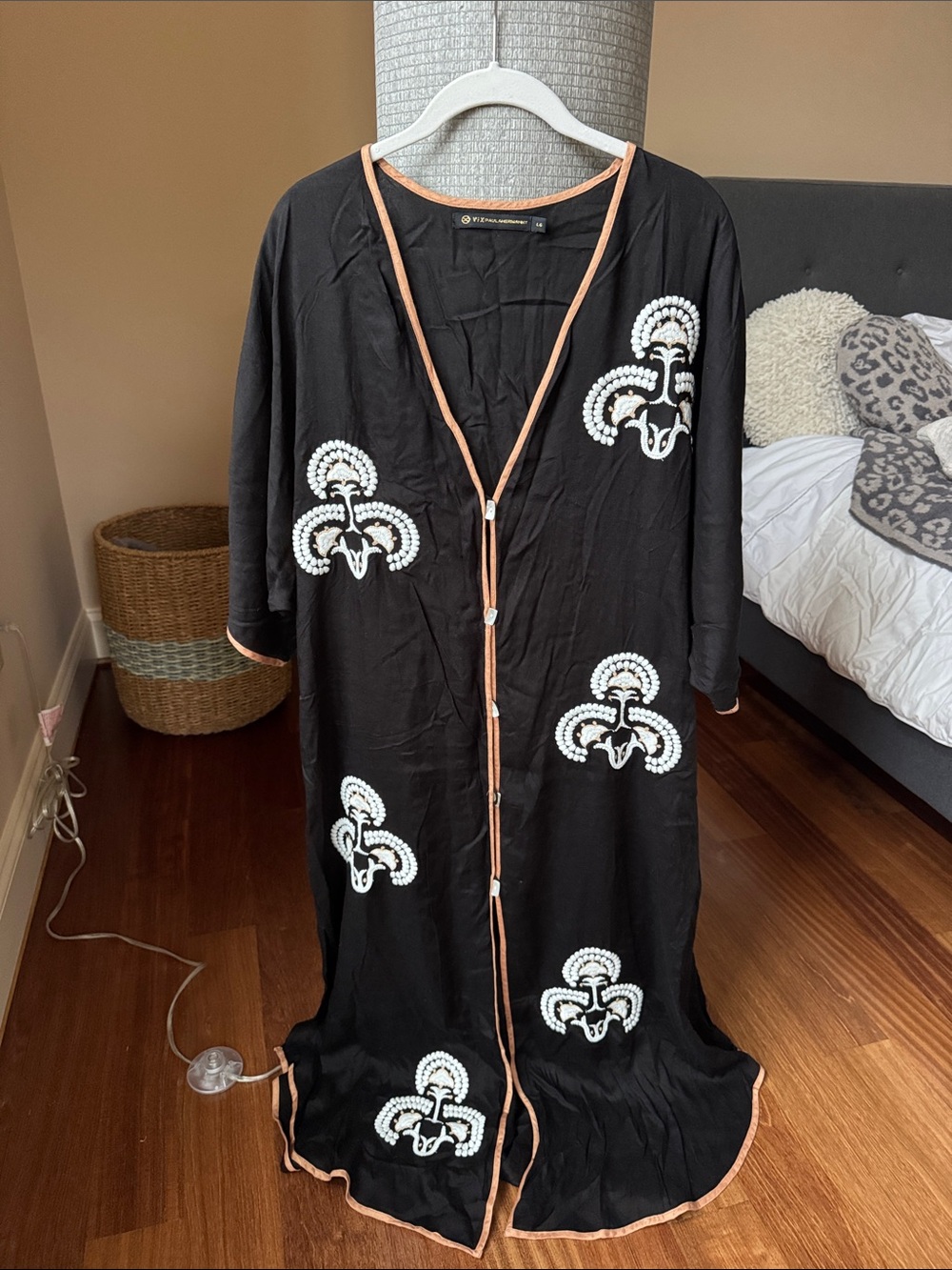 Black Embroidered Swim Coverup Caftan with Peach Trim